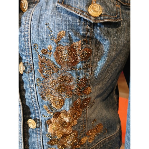 CE Embroidered Sequin Denim Jacket Gold Medium Wash Glam Coachella   Womans - Picture 3 of 12